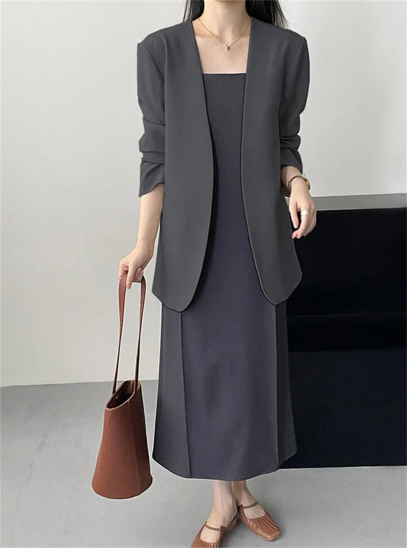 Fashion New Solid Casual Joker Women's Blazer Spring Autumn No Placket Cardigan Suit Jackets V-neck Long Sleeve 19-Color Coats