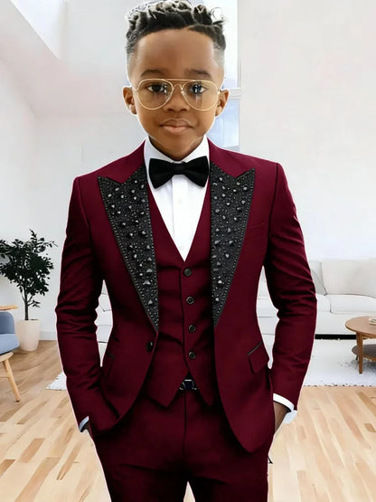 Boys Luxury Beaded Suit Set 3 Pieces For Evening Party High Quality Peak Lapel Suits Piano Performance Wear Elegant Plus Size