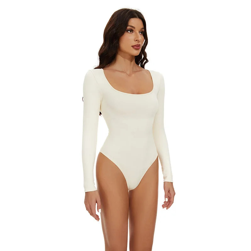 Open Crotch Big U Neck Seamless Bodysuit Long Sleeve Spandex Elastic Body Suit Shapewear Tummy Control Waist Shapers