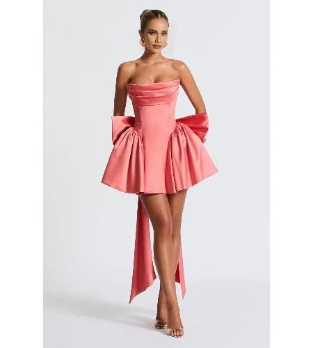 2025 Satin Strapless Back To School Dress with A Large Bow At The Back, Mini Skirt for Teenagers Cocktail Dress Short DanceDress