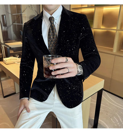 High Quality Velvet Bronzing Suit Coats Mens Sparkle Elegant Slim Business Suits Jacket Homme Formal Social Prom Party Tuxedos