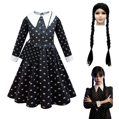 Wednesday Cosplay For Girls Costume Movie Addams Dresses for Girl Kids Mesh Party Dresses Halloween Carnival Costumes 4-12Yrs