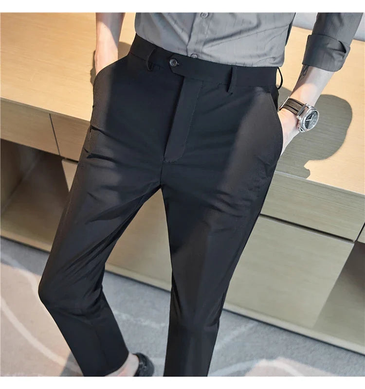 Mens Dress Pants Trousers 2025 Summer New Thin Breathable Solid Casual High Elastic Slim Fit Suit Pants Streetwear Men Clothing