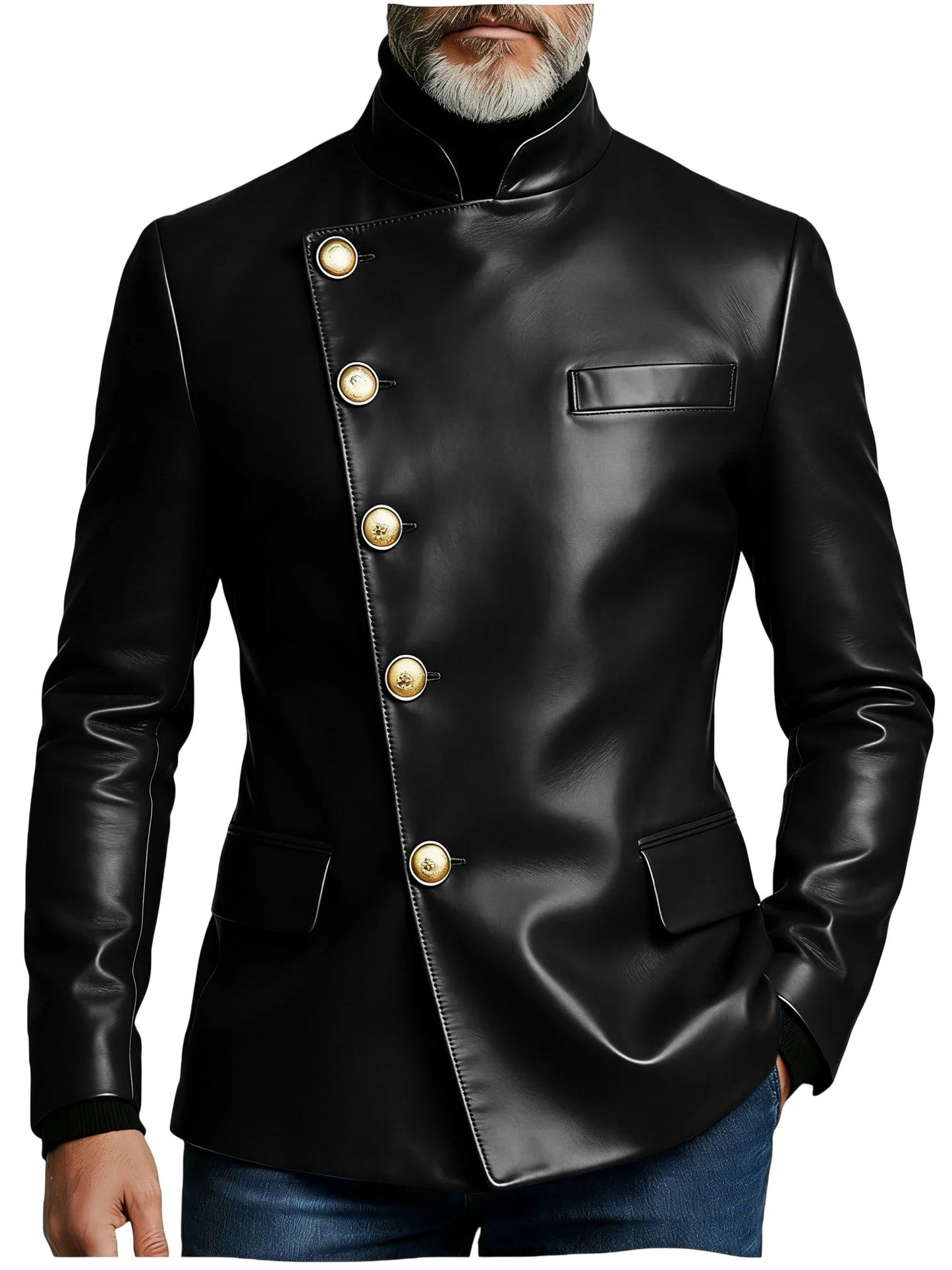 Vintage Men's PU Leather Blazer Slim Fit Double Breasted Stand Collar Jacket Gold Button Business Casual Wedding Prom Suit Coat