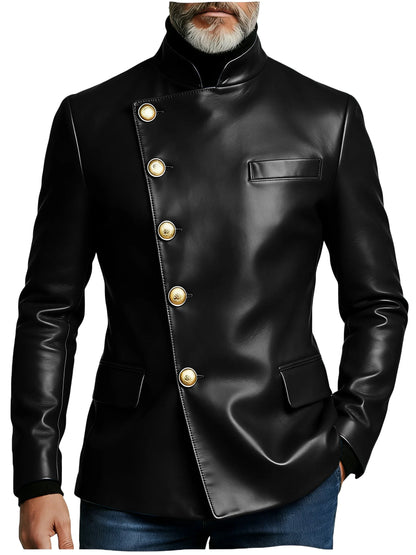 Vintage Men's PU Leather Blazer Slim Fit Double Breasted Stand Collar Jacket Gold Button Business Casual Wedding Prom Suit Coat