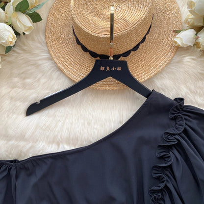 American Chic Blouse for Women Flounced Edge Skew Collar Bare Midriff Belt Skinny Shirts Summer Casual Female Tops Dropshipping