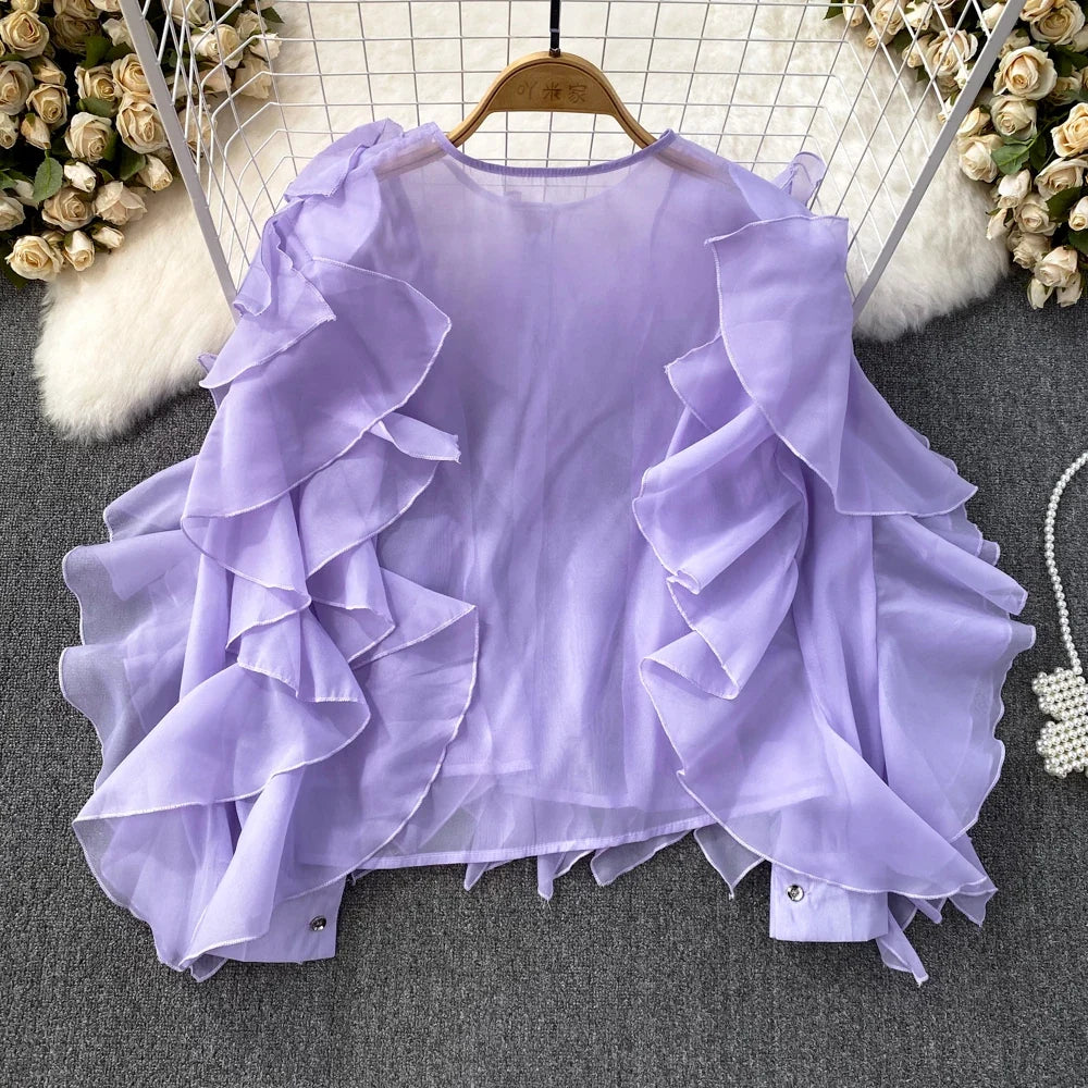 Autumn Blouse for Women Fashion O-neck Long Puff Sleeve Flounced Edge Shirts French Chic Versatile Female Tops Dropshipping