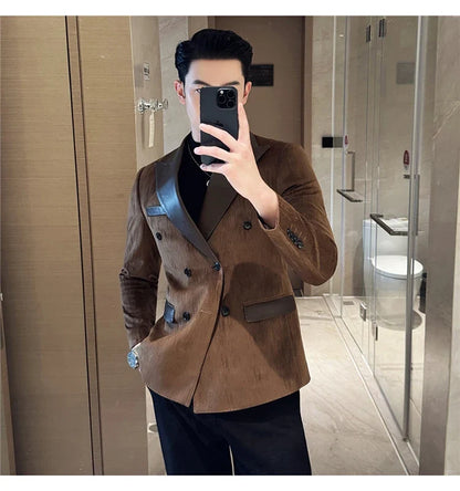 British Style Luxury Men Double Breasted Suit Jacket High Quality Fashion PU Leather Neck Spliced Coats Groom Social Party Dress