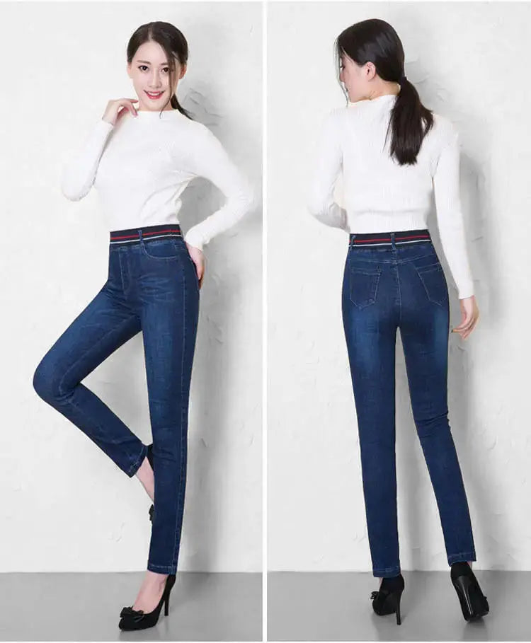 Winter Plus Velvet Stretch Jeans Women Oversize 40 High Waist Skinny Vaqueros Thick Warm Denim Trousers Fashion Mom Pencil Pants