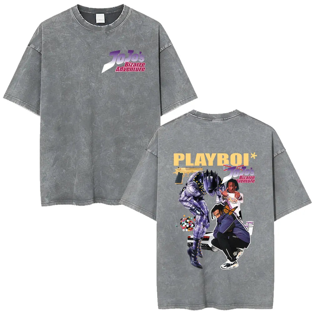 Anime Jojo Bizarre Adventure STEEL BALL RUN Manga Vintage Acid Washed T Shirt Men Women Casual Short Sleeves T-shirt Streetwear