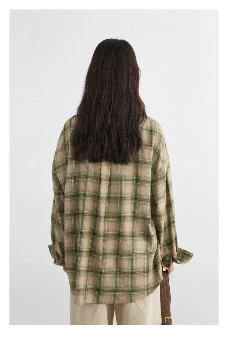 Women Shirts Loose Casual New Sanding Plaid Shirt Long Sleeve Medium Long Length Blouses Female Tops Spring Autumn 2025