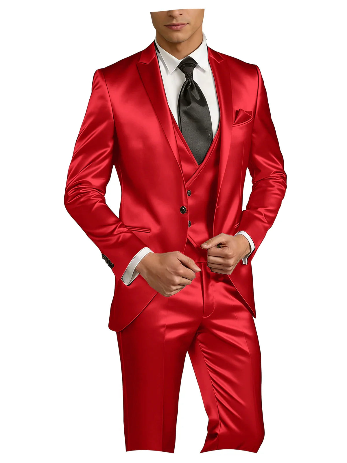 Luxury Men's Satin Suit 3 Piece Set Notch Lapel Slim Fit 1 Button Blazer Vest Pants for Formal Groom Groomsmen Prom Party