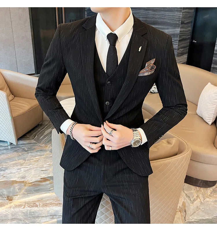 ( Blazer + Vest + Pants ) High-end Formal Casual Business Striped Fashion Men's 3 Piece Suit Groom Wedding Dress Suit