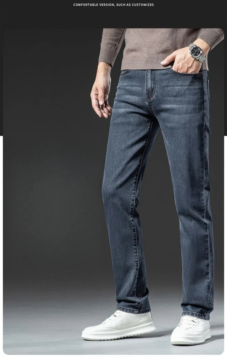 Winter Warm Men's Jeans Fleece Thickened Elastic Smoke Gray Black Business Straight Casual Denim Pants Brand Man PlushClothes