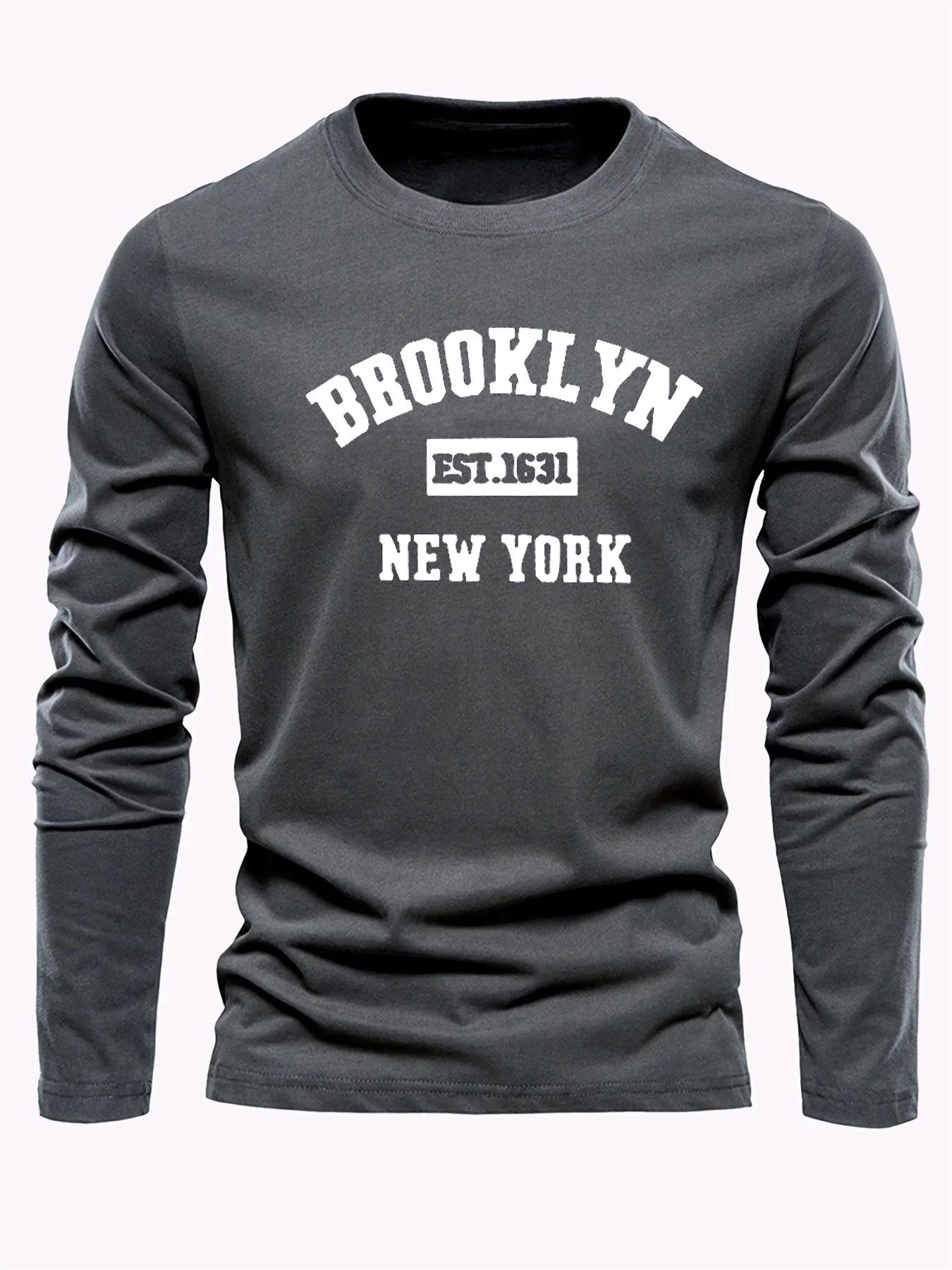 Men's 100% pure cotton loose and comfortable sports and leisure Brooklyn print round neck long sleeved T-shirt top