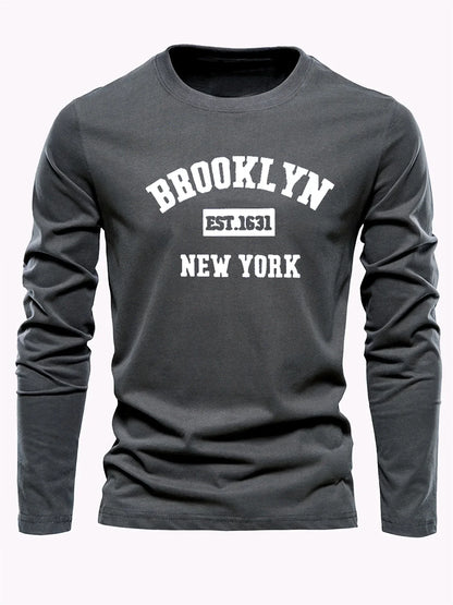 Men's 100% pure cotton loose and comfortable sports and leisure Brooklyn print round neck long sleeved T-shirt top