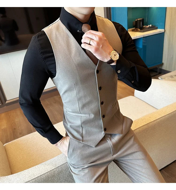 ( Vest + Pants) Men Luxury High Quality Business Suit Vest 2 pieces Formal Groom Wedding Dress Vest Set Fashion Club Clothing