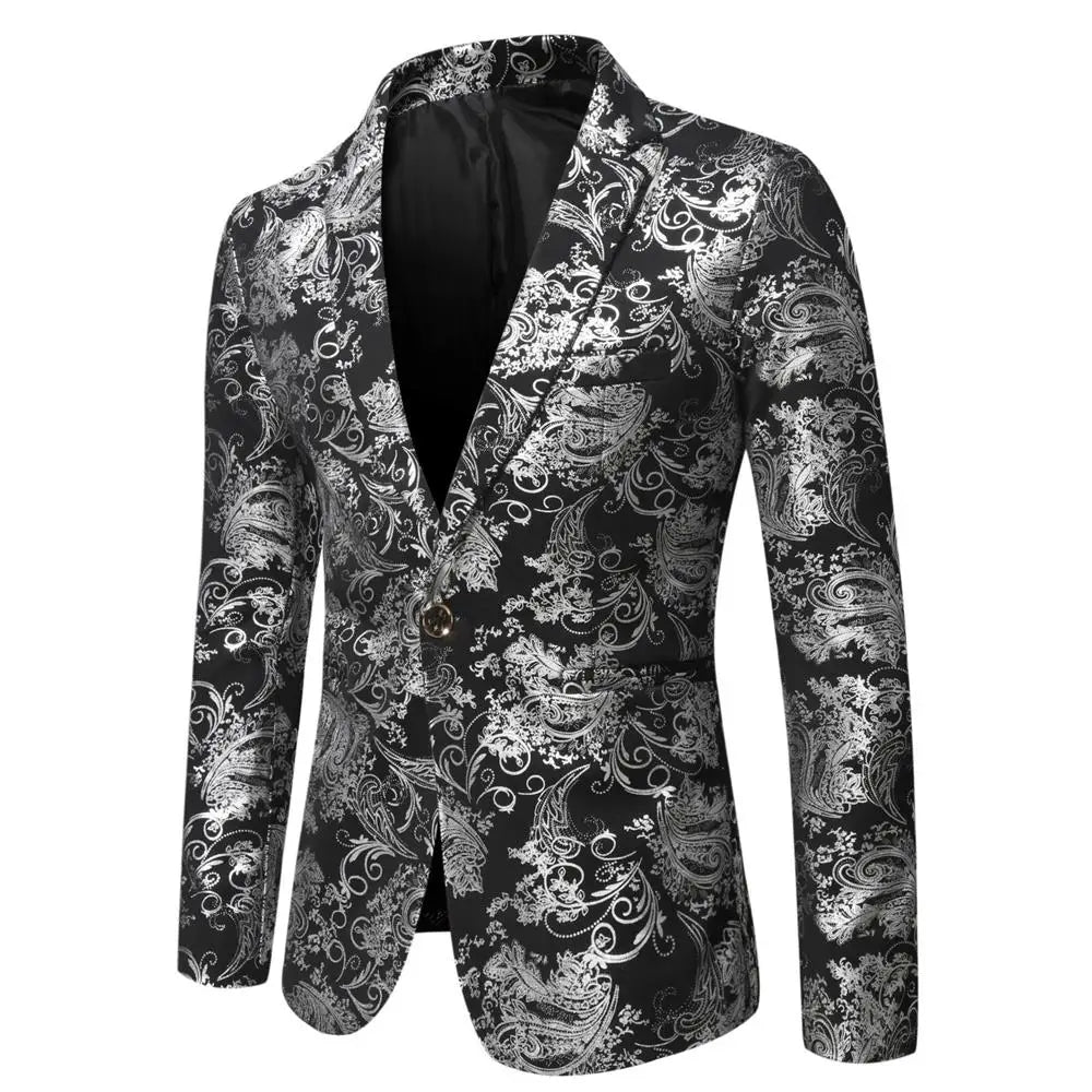 Men's Slim Fit Print Blazer Jacket 2025 Fashion Handsome Business Casual Silver Stage Show Suit Small Menswear