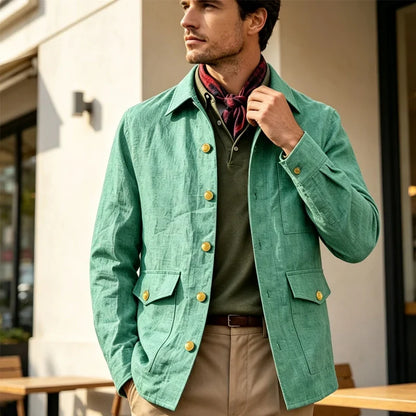 Vintage Men's Linen Jacket Lapel Collar Gold Button Casual Slim Fit Coat Lightweight Breathable for Formal Daily Office Wear
