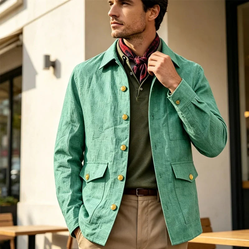 Vintage Men's Linen Jacket Lapel Collar Gold Button Casual Slim Fit Coat Lightweight Breathable for Formal Daily Office Wear