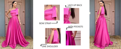One Shoulder Large Bow Bridesmaid Dress with Pleated Satin and Pockets Simple ,Stylish Ball Dressadies' Guest One Shoulder Dress