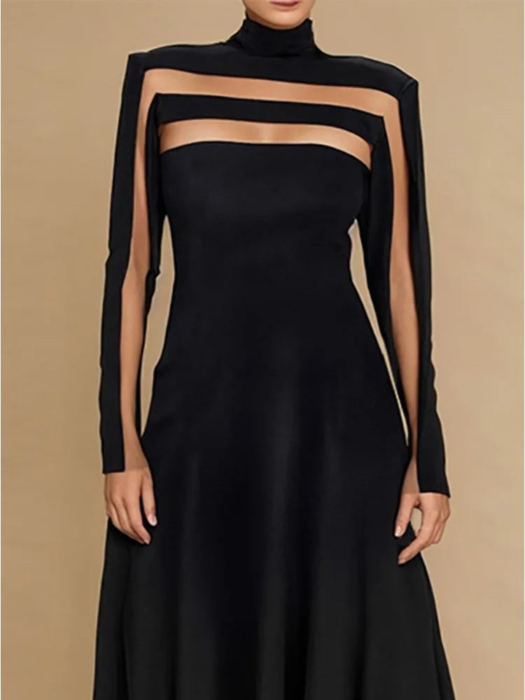 Freeacy Women's Black High Neck Long Sleeve High Waist Flared Maxi Gown See-through High-End Evening Dresses 2026 Party Dress