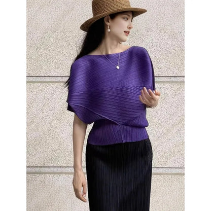 Miyake Pleated Top 2026 New Round Neck Short Sleeve Batwing T-Shirt Women Summer Lightweight Vacation Travel Women's Clothing