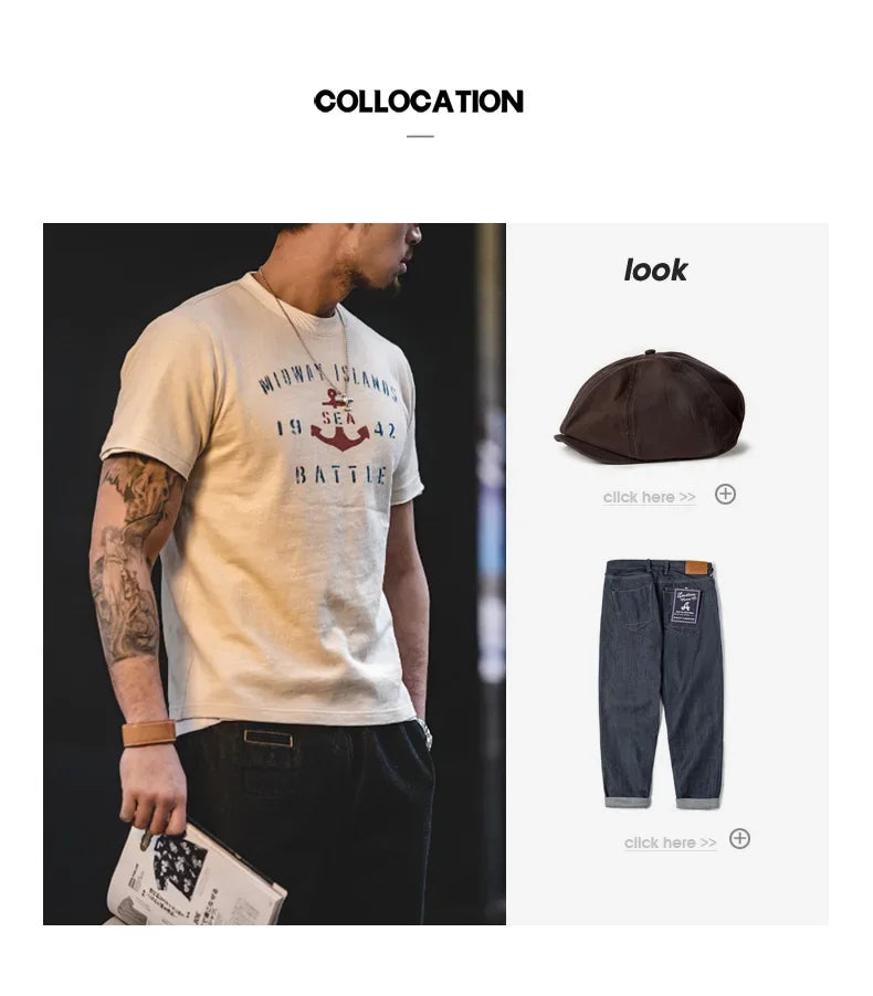 Vintage Letter Print Cotton Short Sleeve T-Shirt Men's Summer Loose Fit Ribbed Crew Neck Tee Casual Street Tops for Daily