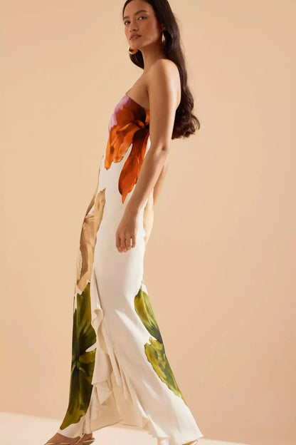 Fashion Women Printed Curling Edge Long Dresses Irregular One Shoulder Open Fork Gown Women Summer 2025 Party Vestidos