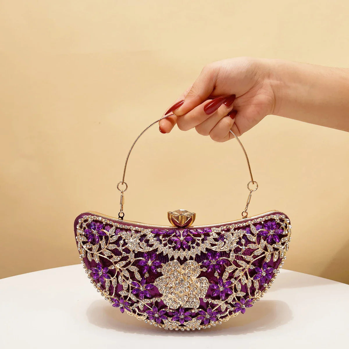 Moon Design Women Clutch Bags Rhinestones Hollow Out Style Crystal Purple Color Evening Bags Ladies Acrylic Golden Metal Glitter