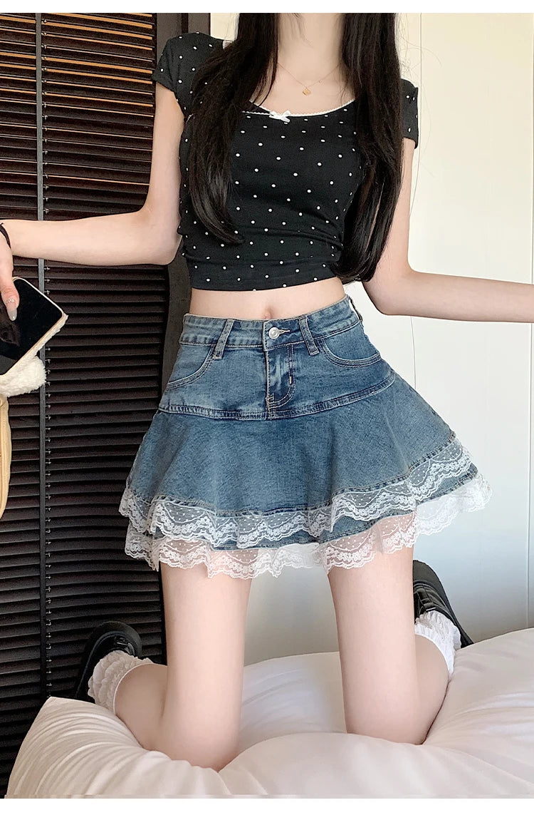 2025 Summer Mini Y2K Denim Skirt Women Fashion Streetwear Ruffles Kawaii Lace Skirts Shorts Preppy School Pleated Jeans Skirt