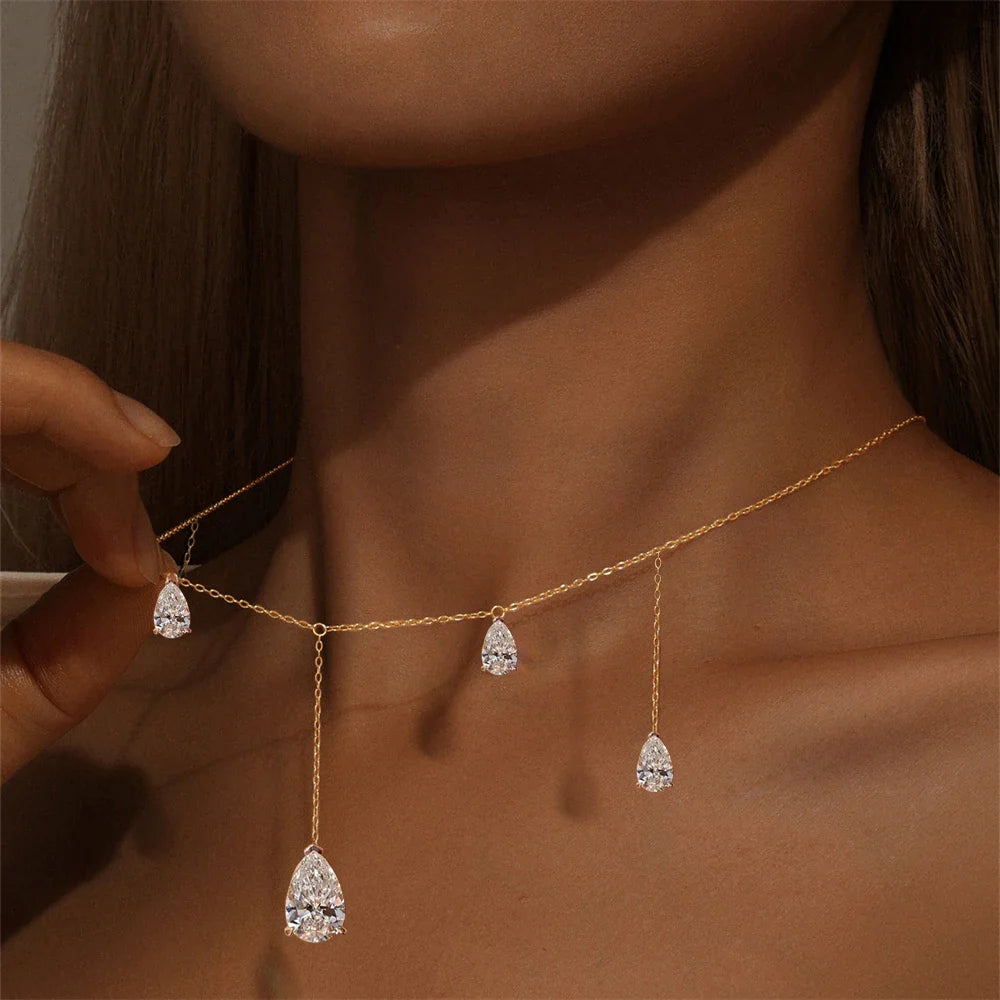 Teardrop Moissanite Tassel Necklace for Women S925 Silver 0.5/2Carat Pear Cut Lab Diamond Long Drop Charm Neckchain with GRA