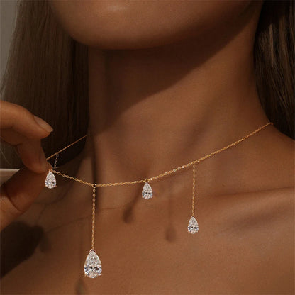 Teardrop Moissanite Tassel Necklace for Women S925 Silver 0.5/2Carat Pear Cut Lab Diamond Long Drop Charm Neckchain with GRA