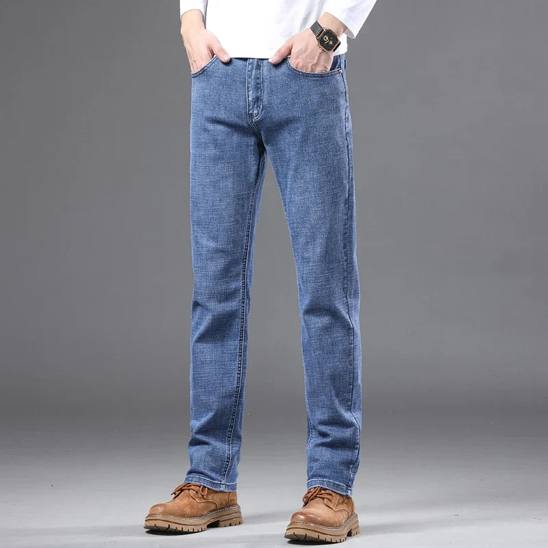 Fashion Light Blue Slim Straight Jeans Men's Spring Autumn Elastic Comfortable Denim Pants Korean Casual Business Trousers