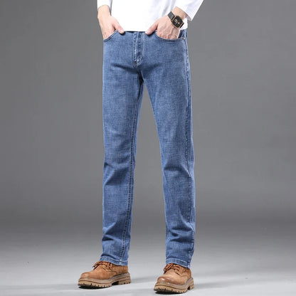 Fashion Light Blue Slim Straight Jeans Men's Spring Autumn Elastic Comfortable Denim Pants Korean Casual Business Trousers