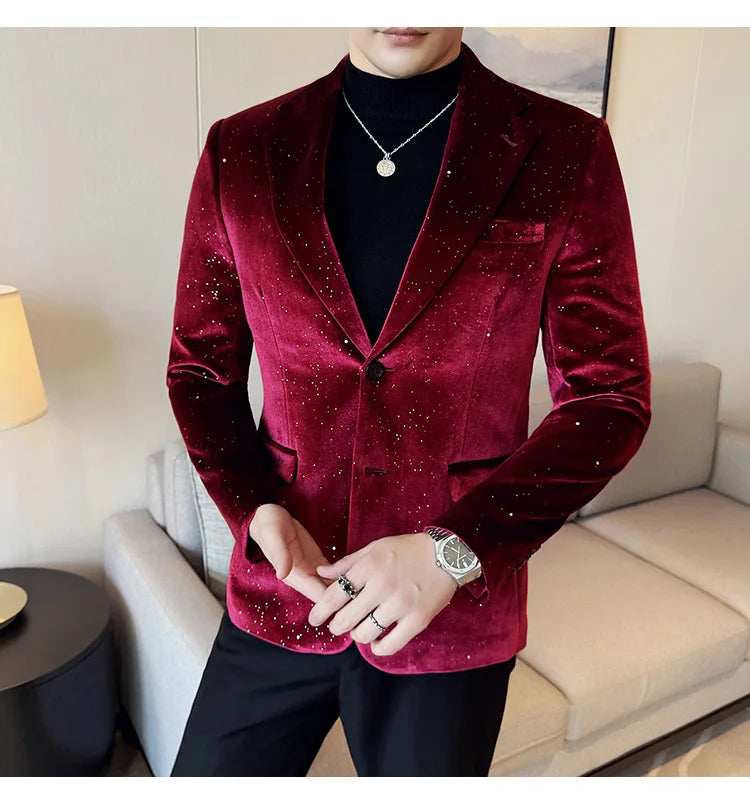 High Quality Velvet Bronzing Suit Coats Mens Sparkle Elegant Slim Business Suits Jacket Homme Formal Social Prom Party Tuxedos