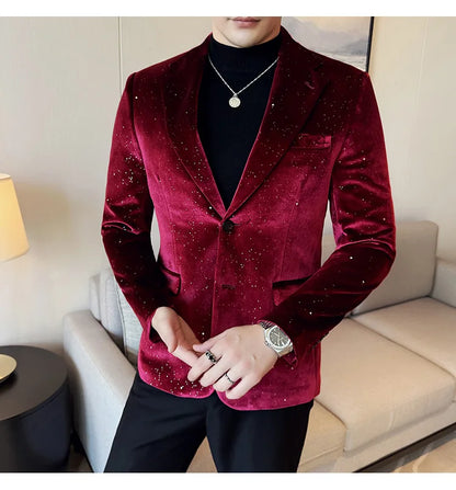 High Quality Velvet Bronzing Suit Coats Mens Sparkle Elegant Slim Business Suits Jacket Homme Formal Social Prom Party Tuxedos