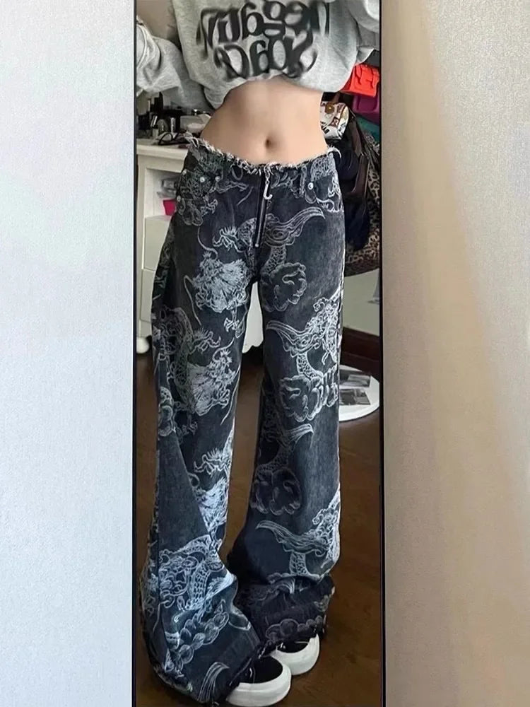 Y2K Baggy Dragon Print Denim Trouser Women's Washed Vintage Casual Emo Pants Grunge Street Retro High Waist Loong Trashy Jeans