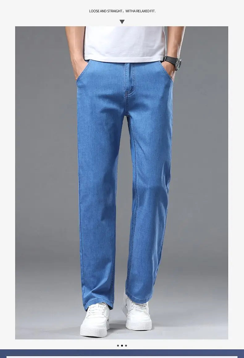 Light blue classic business jeans, fashionable breathable denim elastic pants, black blue men's straight leg jeans, sizes 28-40