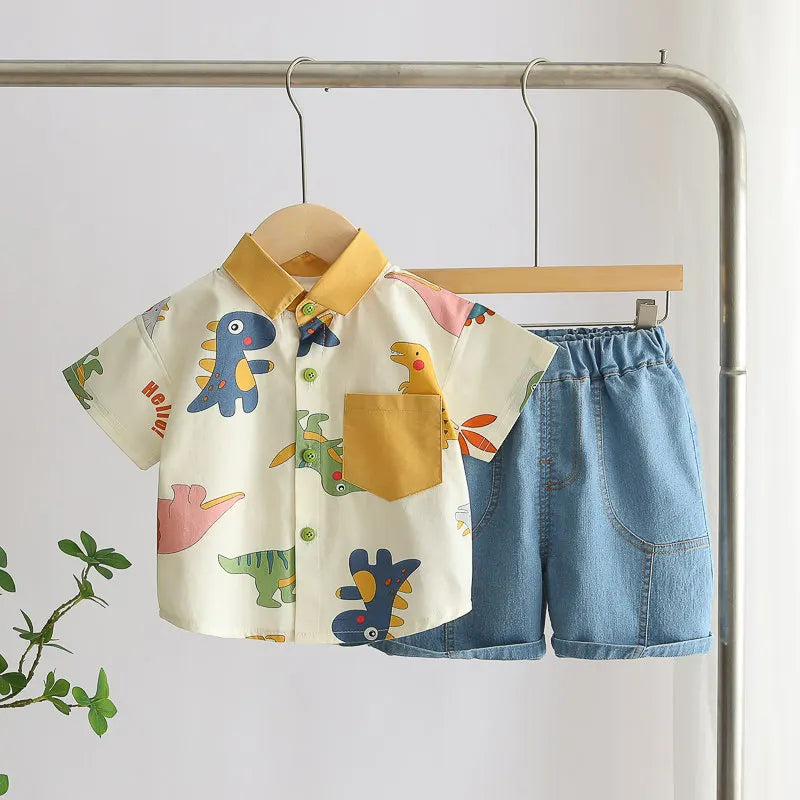 Cotton Clothes Kids Boy Summer Children Print Dinosaur Shirts Denim Shorts 2Pcs/Set Kids Fashion Toddler Tracksuits 0-5 Years
