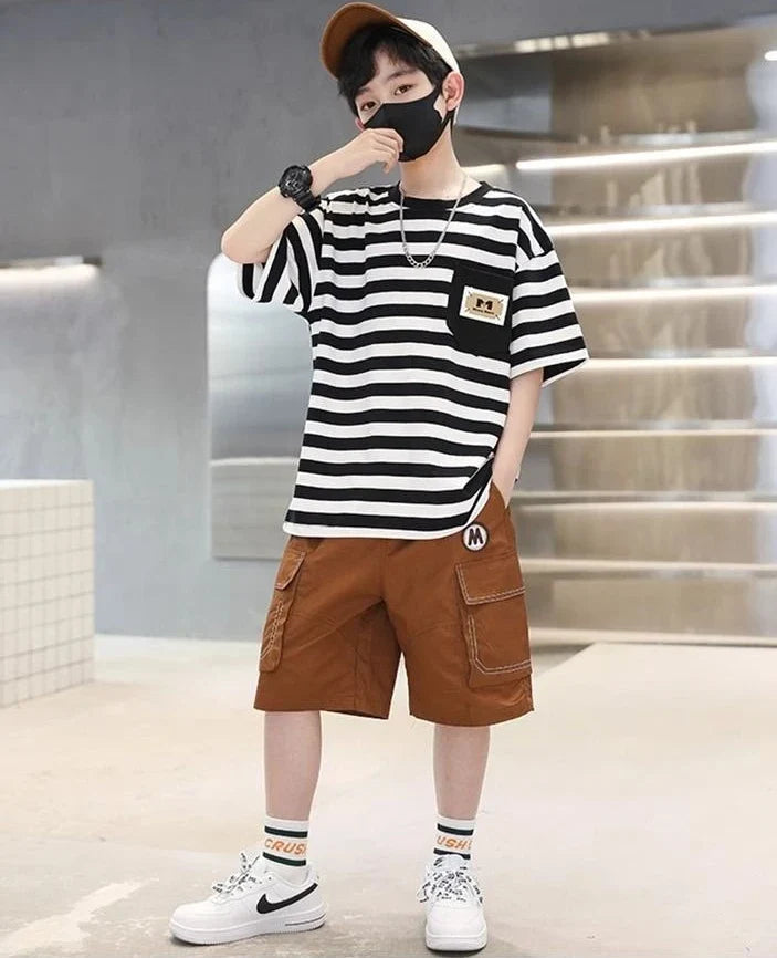 Stripes Children's Outdoor Clothes 4 Years Clothing Suit for Kids Boys Top Bottom Set Junior Shorts Summer Boy Child T-shirt 7 8