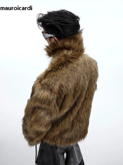 Winter Short Thick Warm Brown Hairy Soft Faux Fur Coat Men with Turn-down Collar Long Sleeve Fluffy Jackets 2024