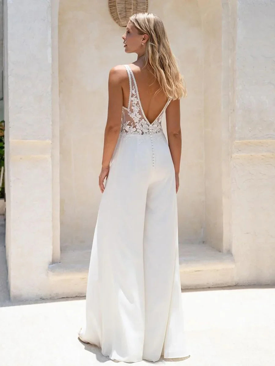 Beach Jumpsuit Pants Wedding Dress For Women Boho Sleeveless Open Back White lace Ivory Custom Made Robe De Mariage
