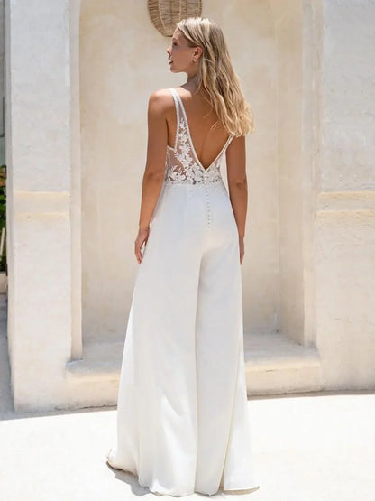 Beach Jumpsuit Pants Wedding Dress For Women Boho Sleeveless Open Back White lace Ivory Custom Made Robe De Mariage
