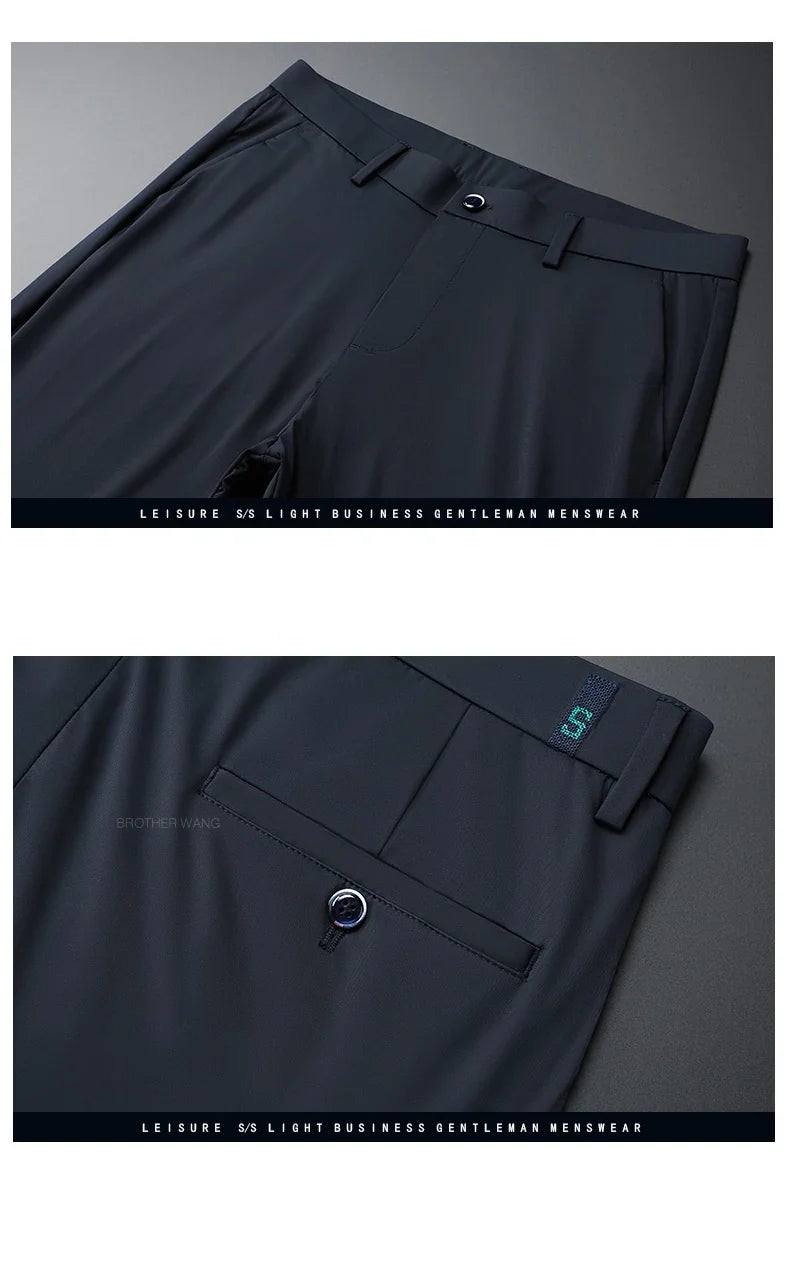 Ultra-thin Ice Silk Cool Men's  Casual Pants Summer New High Elasticity Quick-drying Drape Business Straight Trousers Black Gray