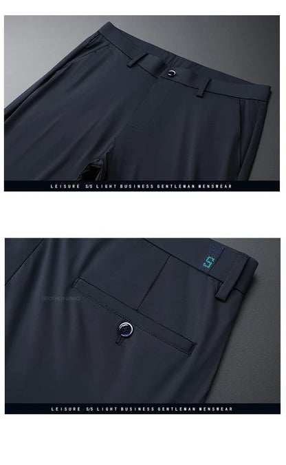 Ultra-thin Ice Silk Cool Men's  Casual Pants Summer New High Elasticity Quick-drying Drape Business Straight Trousers Black Gray