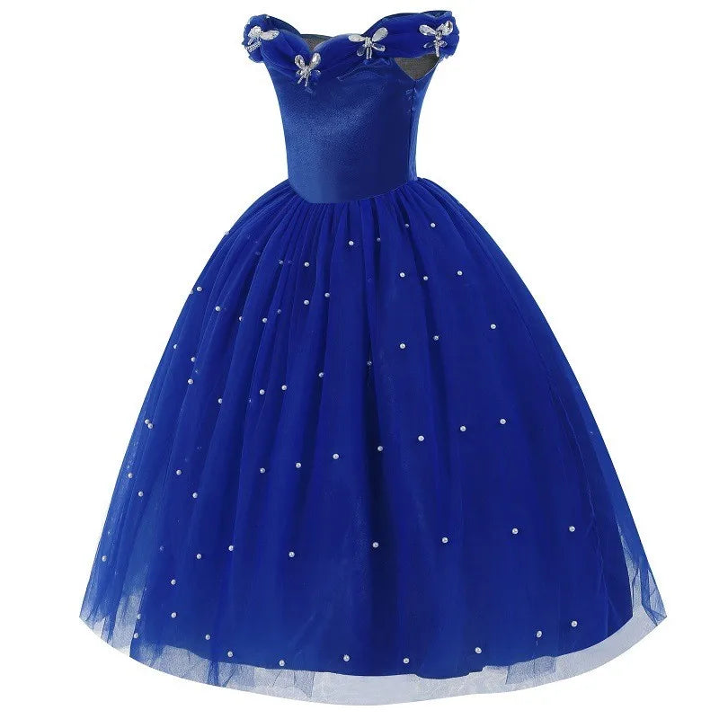 Cinderella Princess Same Cosplay Style Dark Blue Girl Luxury Dress Off-Shoulder Puff Skirt Christmas Party Gift Dress Set