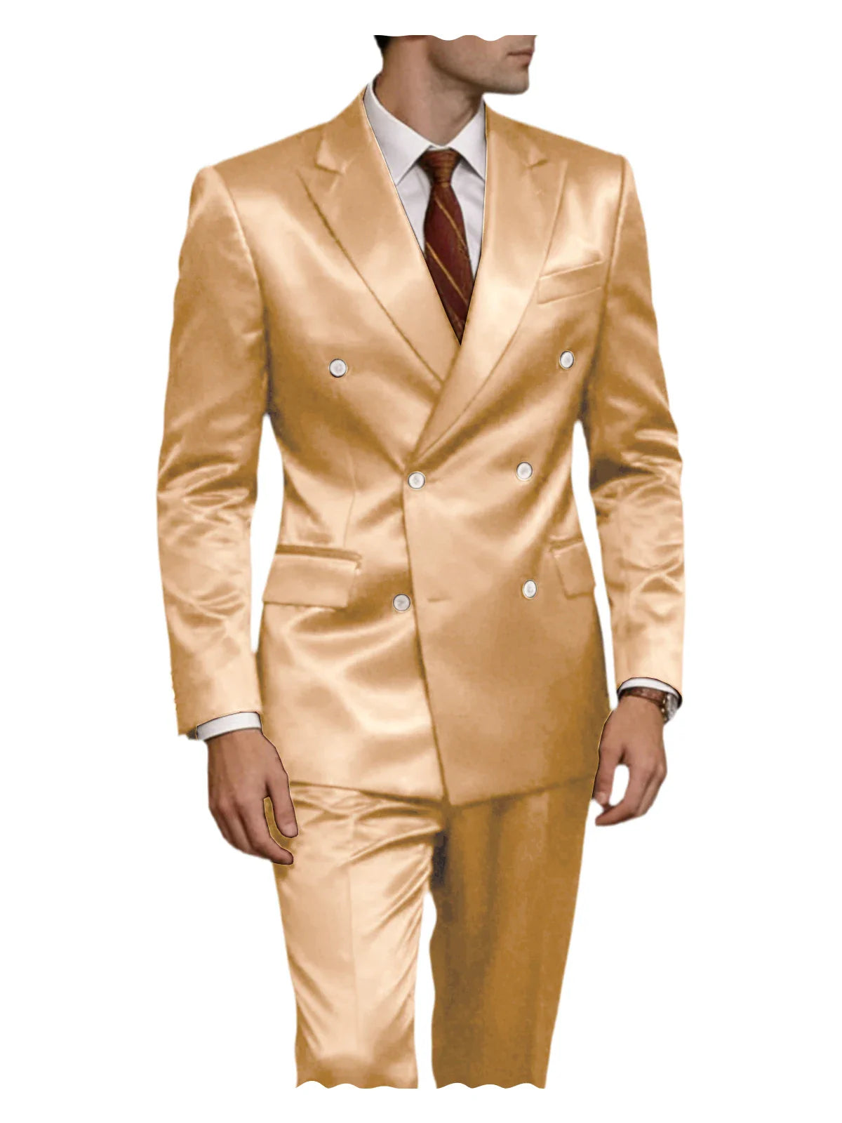 Luxury Men's Shiny Satin 2 Piece Suit Peak Lapel Double Breasted Jacket Pants Elegant Slim Fit Formal Tuxedo for Wedding Party