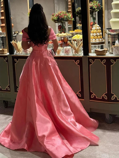 Evening Dresses Off The Shoulder Boat Neck Beading A Line Satin Prom Gown Exquisite High Quality Party Dress for Women Customize