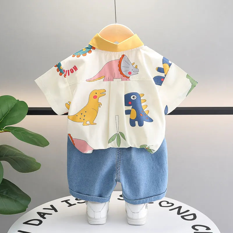 Cotton Clothes Kids Boy Summer Children Print Dinosaur Shirts Denim Shorts 2Pcs/Set Kids Fashion Toddler Tracksuits 0-5 Years